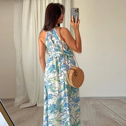Female Off Shoulder Hollow Out Holiday Beach Dress Pattern Print High Waist Long Dress Summer Halter Loose Dress
