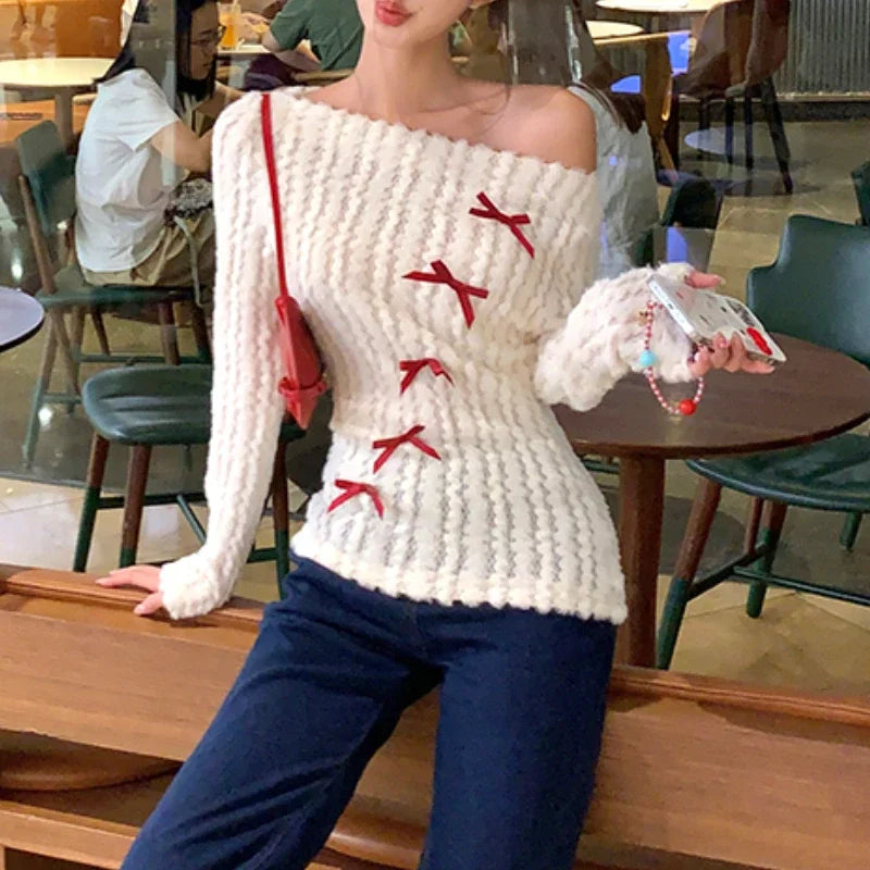 Strapless Slim Long Sleeve Sweater Autumn New Korean Contrast Color Bow Patchwork Knitted Tops