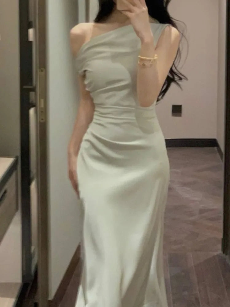 Evening Party Satin Long Dresses for Summer Pink Birthday Robe Slash Sleeveless Slim Female Clothing