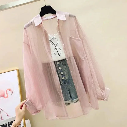 Long Sleeve Perspective Sheer Sunscreen Chiffon Blouse Korean Loose Shirt Summer Beach Cardigans