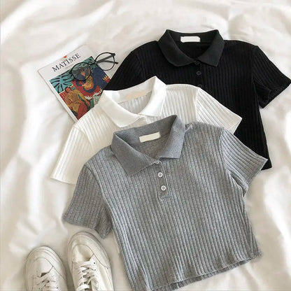 Knit School Polo Neck Cropped Shirt Summer Short Sleeve Youthful Color Crop Top Female Basic Blouse Lady Pullover