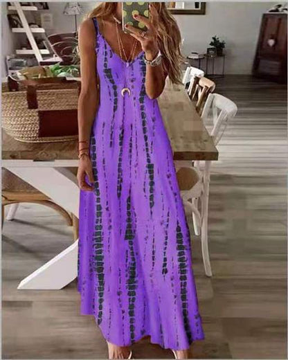 Printed Maxi Spaghetti Strap Dresses for V-neck Backless A-line Long Dress Style Beach Vestidos