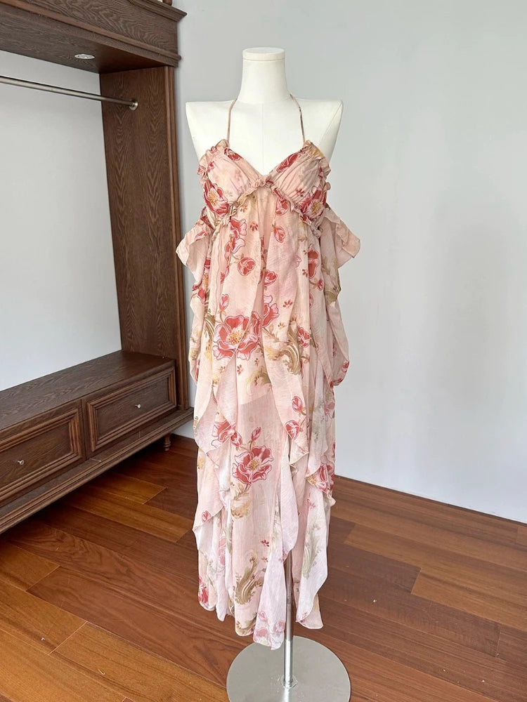 French Off Shoulder Beach Dress Sweet Halter Irregular Party Long Dresses Fairy Backless Y2k Vestidos