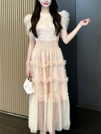Temperament Flying Sleeve Embroidery Long Maxi Dress for Lace Splicing Mesh Party Dress