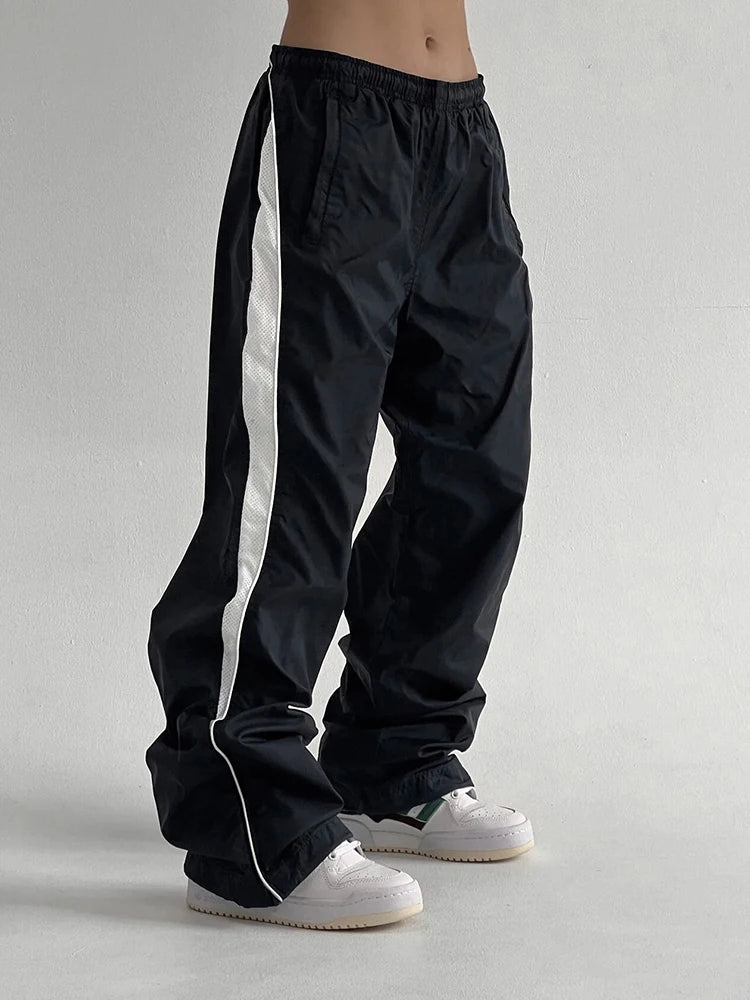 American Retro Straight Leg Track Pants Side Contrast Patchwork Elastic Waist Hippie Jogging Trousers