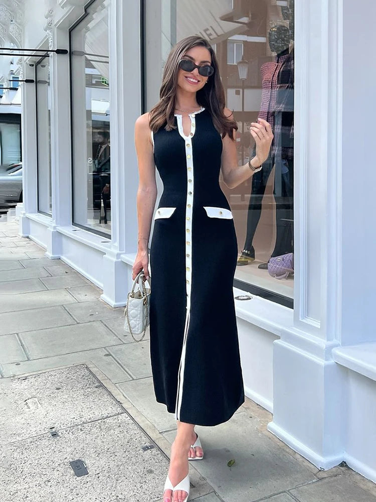 Sleeveless Single-breasted Ribbed Knitwear Long Dress for High Waist Bodycon Knitted Fake Pocket Dress New