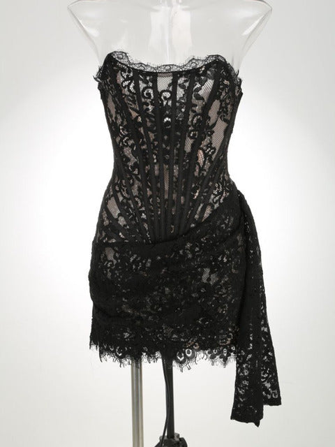 Lace Strapless Mini Dress for Off-shoulder Irregular Ruched Bodycon Night Club Party Dress