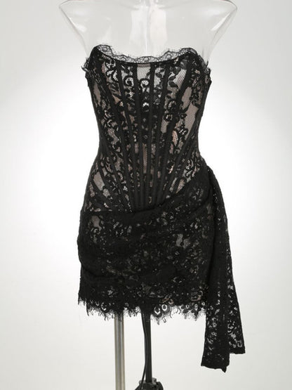 Lace Strapless Mini Dress for Off-shoulder Irregular Ruched Bodycon Night Club Party Dress