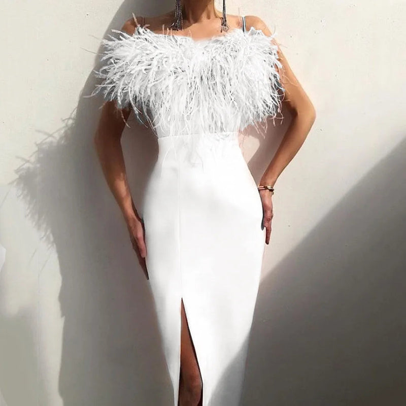 Spring/summer Dress Strap Feather Dress Split Hem Long Dress Vestidos Femme Party Bodycon Dress New