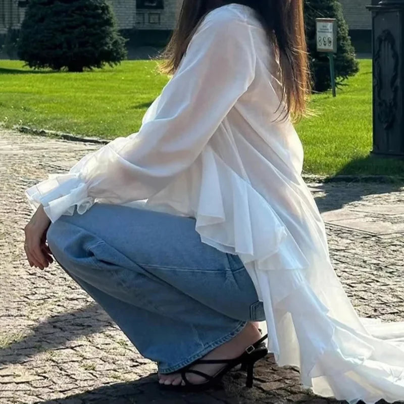 Ruffles V-neck Long Sleeve Blouse