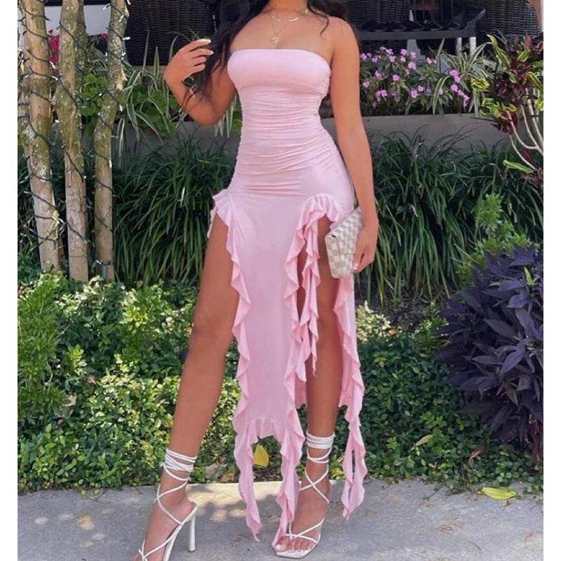 Fold Hem Slit Strapless Mini Dress