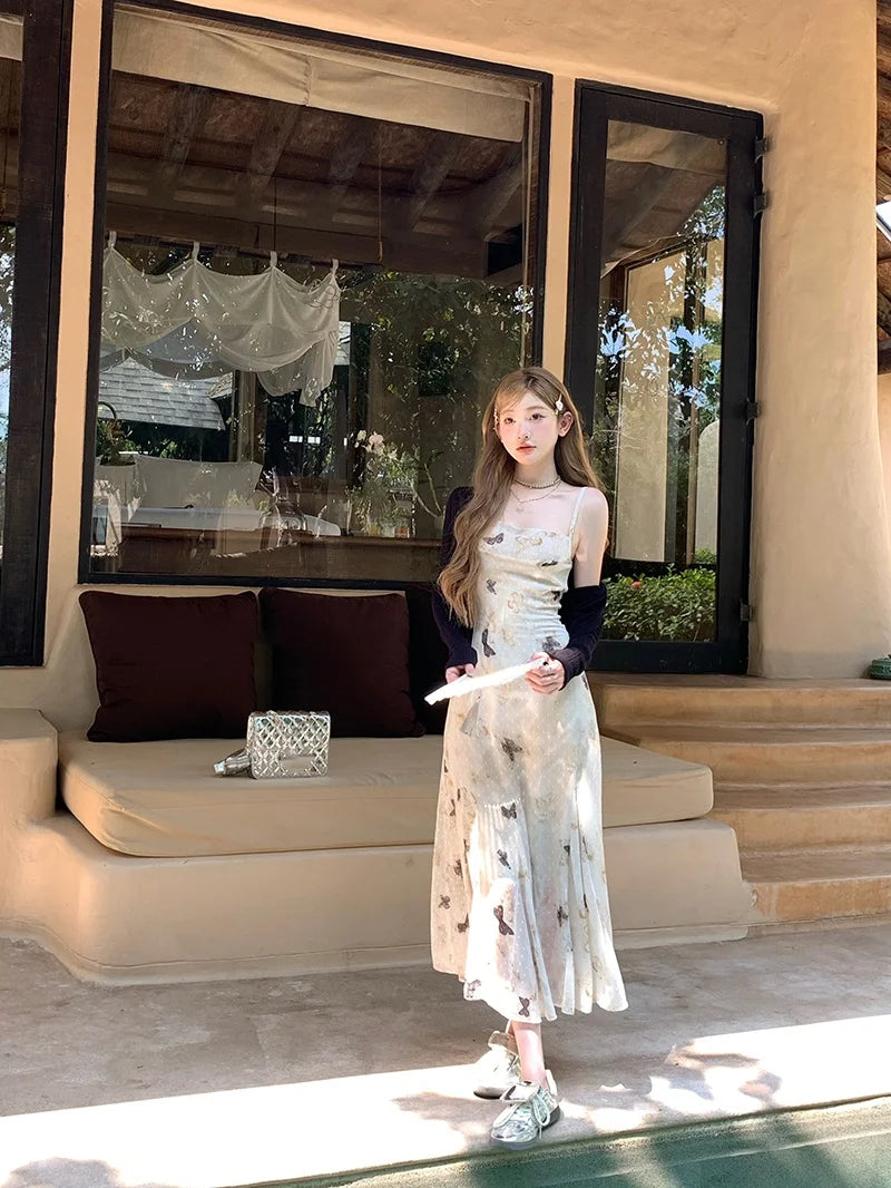 Y2k Spaghetti Strap Dress New Print Midi Dress Female Korean Slim Beach One Pieces Vestidos