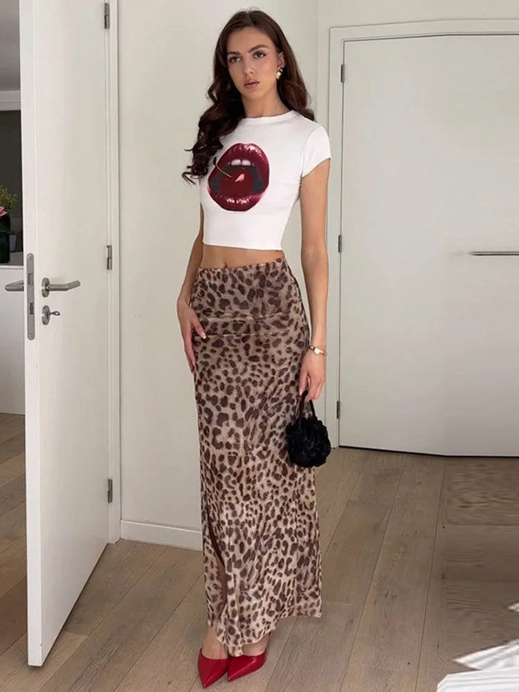 Leopard Print Maxi Skirt Summer Slim Patchwork High Waist Party Maxi Dress Maxi Skirt