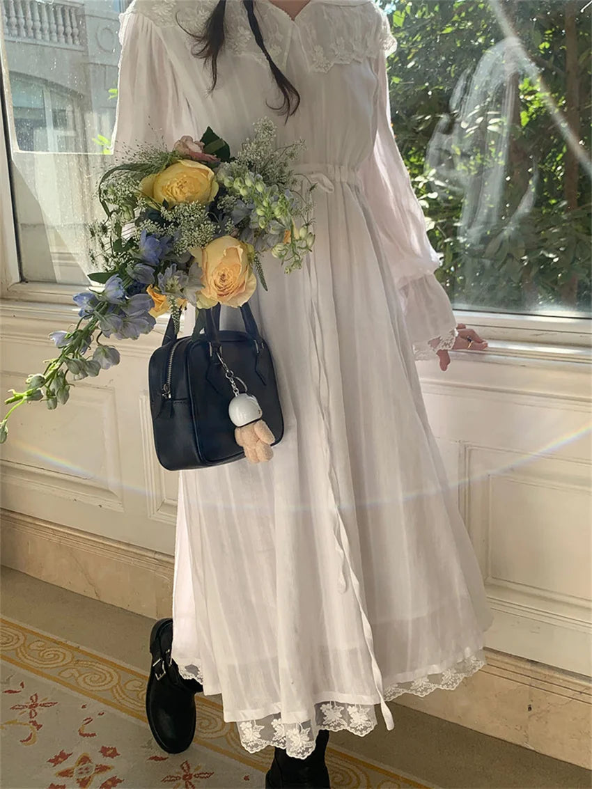 White Flare Sleeve Long Dress Lace Sweet Vneck Slim Cotton New Spring Office Lady Florals Gentle