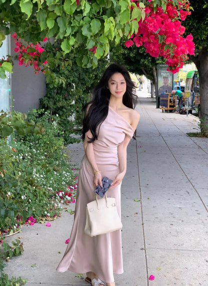 Evening Party Satin Long Dresses for Summer Pink Birthday Robe Slash Sleeveless Slim Female Clothing