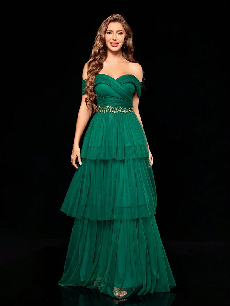Line Collar Irregular Three-dimensional Embroidered Multi-layer Gauze Long Dress Evening Ball Dress Party Dress