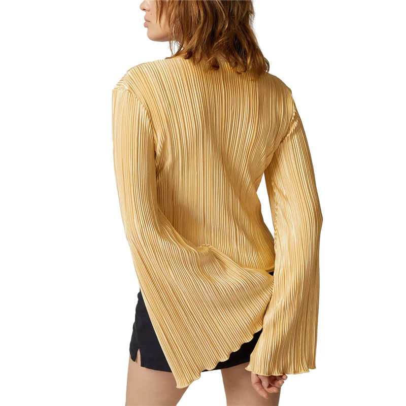 Y2k Blouse Top 2000s Color Single Breasted Long Sleeve Shirt Pleated Clothes With Ruffle Edge