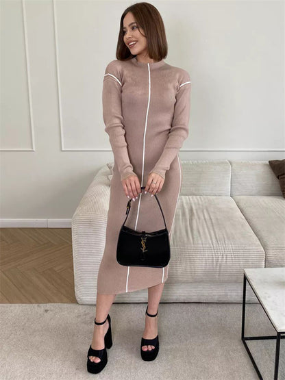Patchwork Knit Maxi Dress for Contrast Ribbed High Waist Slim Party Dress Female Knitwear Long Dress