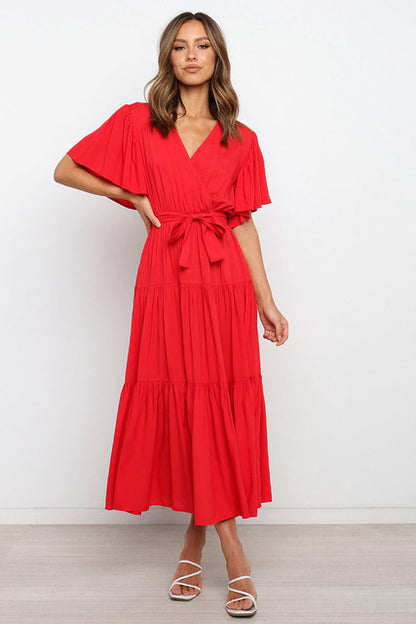 Color Ruffles Long Dresses V-neck Ruffle Sleeves Leace-up Temperament Lady Dress Summer New