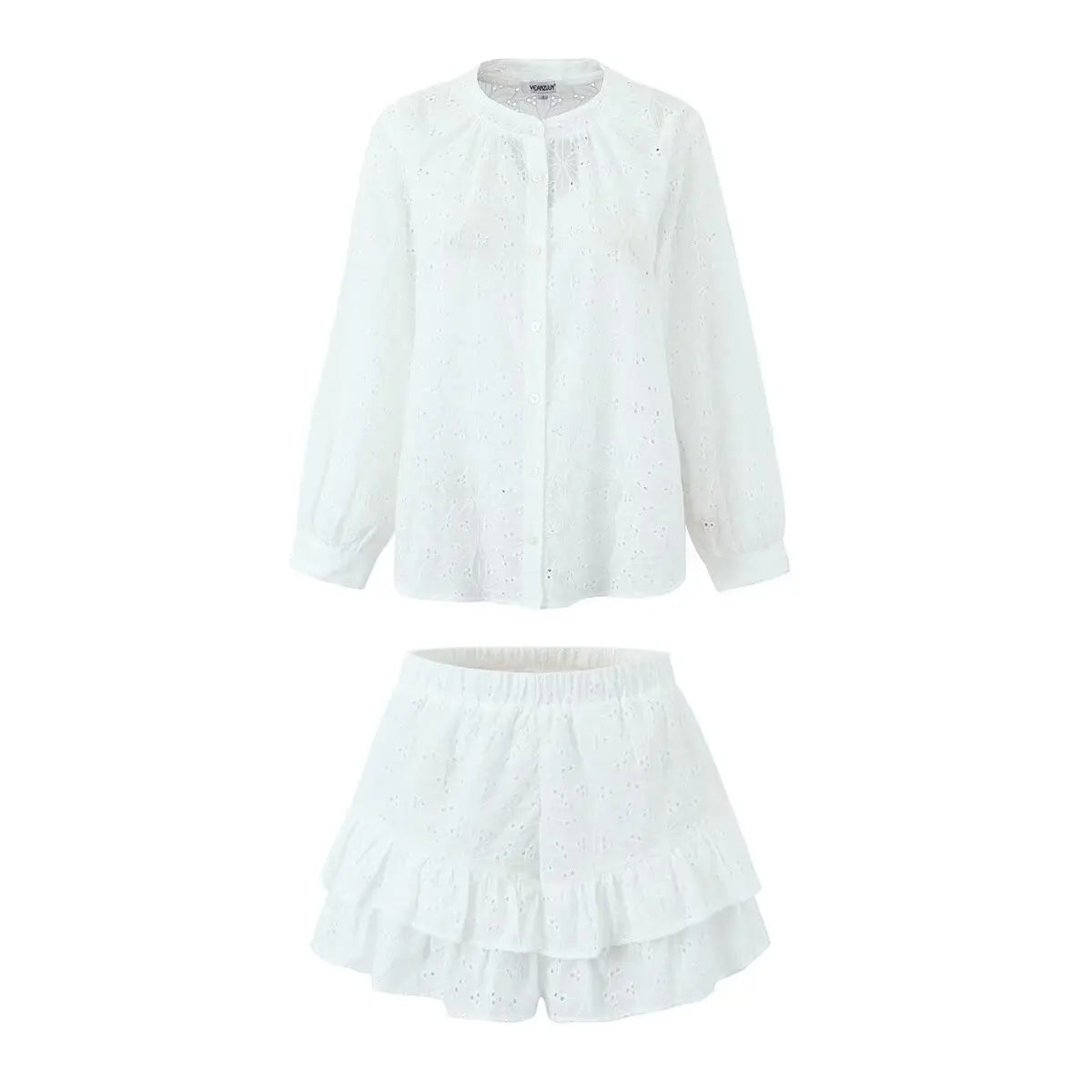 Long Sleeved Shirt Shorts Sets Summer Stand Collar Single Breasted White Blouse Suits Vacation 2 Pieces Set Outfit