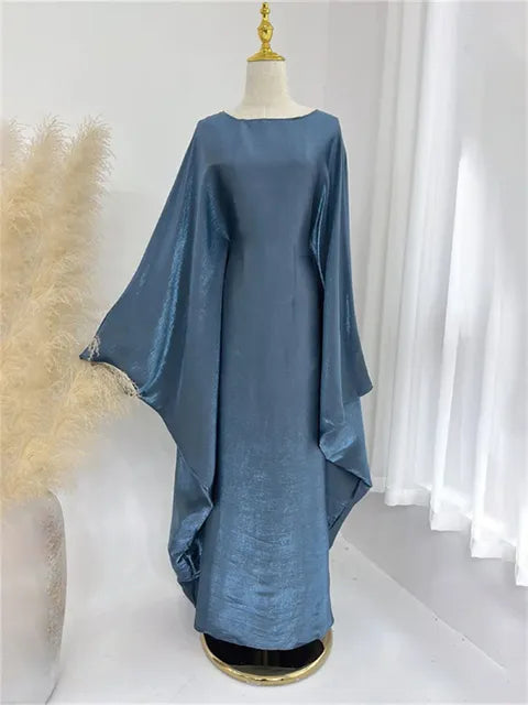 Autumn Loose Shiny Maxi Dress ’s Butterfly Batwing Long Sleeve Muslim Clothes Party Dress Female Long Dress New