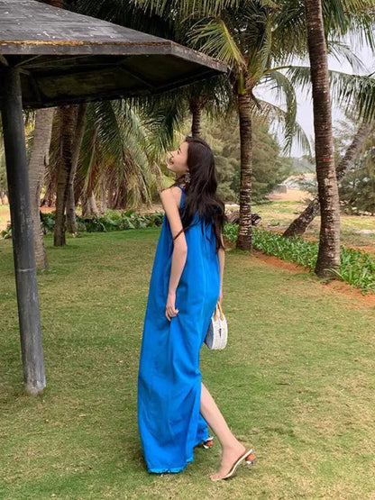 Summer Blue Round Neck Loose Pleated Bandage Long Dress New Club Sleeveless Vacation Dress Simplicity