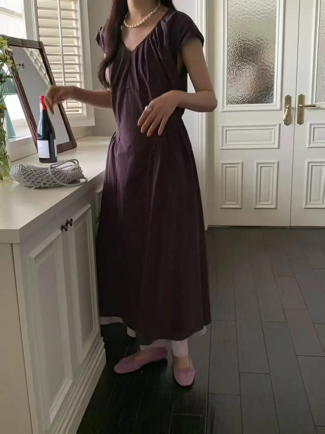 French Retro Patchwork Contrasting Short Sleeved Dress Summer New Design Slimming Waist Long Dresses
