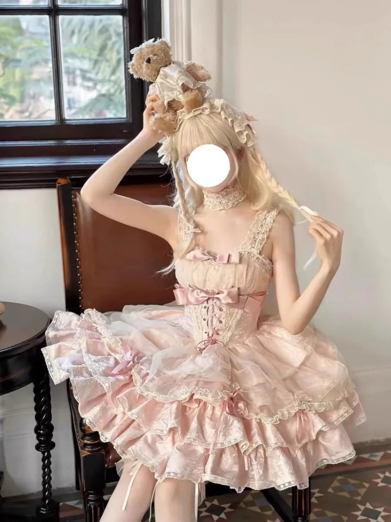 Japanese Sweet Lolita Jsk Dress Gothic Y2k Bow Lace Ruffles Evening Party Mini Dresses Harajuku Kawaii Black Vestidos