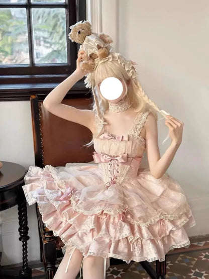 Japanese Sweet Lolita Jsk Dress Gothic Y2k Bow Lace Ruffles Evening Party Mini Dresses Harajuku Kawaii Black Vestidos
