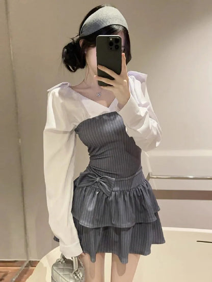 Mini Dresses Patchwork Bow Slim Slash Neck Long Sleeve Patchwork Party Dress