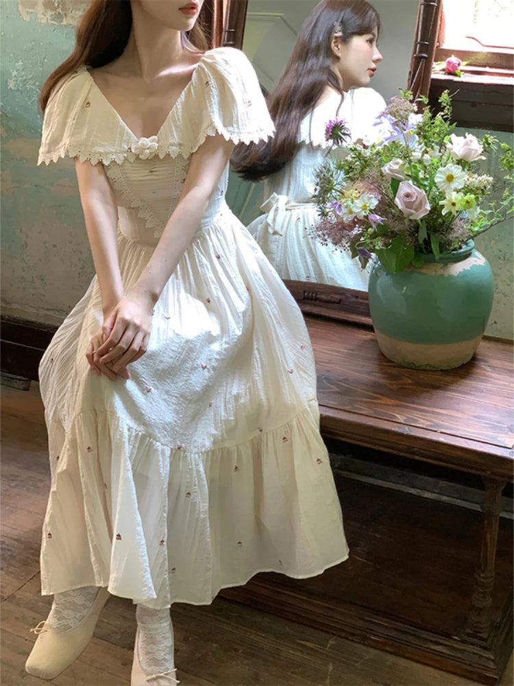 Summer French Embroidery Fairy Midi Dress Party Dress Style One Piece Dress Korean