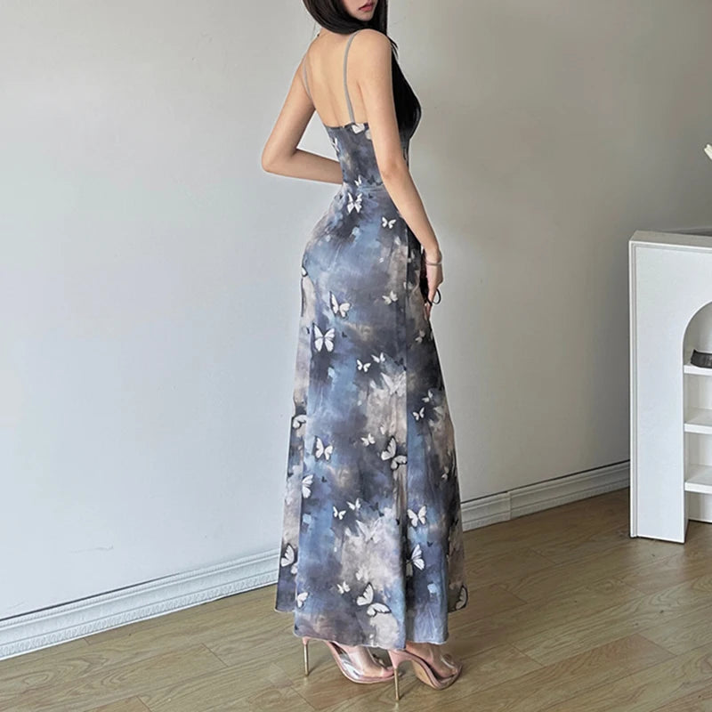 Butterfly Print Sleeveless Long Dress Coquette Tieup Spaghetti Straps Maxi Sundress Holiday Party