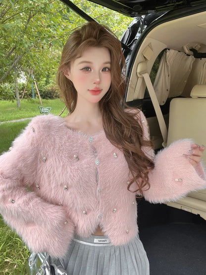 Sweet Hot Girl Mink Fur Knitted Cardigan Autumn and Winter Loose Oneck Longsleeved Short Top Female Clothes