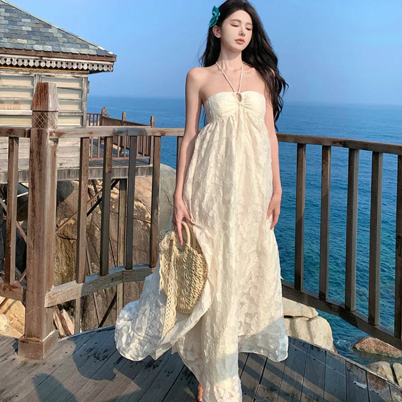Summer Vestidos Beige Beach Holiday Backless Birthday Party Long Dress Club Halter Bandage Pleated Dress