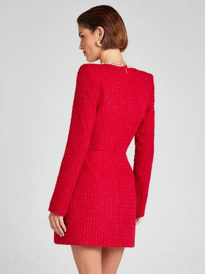 Tweed Mini Dress Square Collar Long Sleeve Shoulder Pads Dresses Female Autumn Lady Highstreet Robes