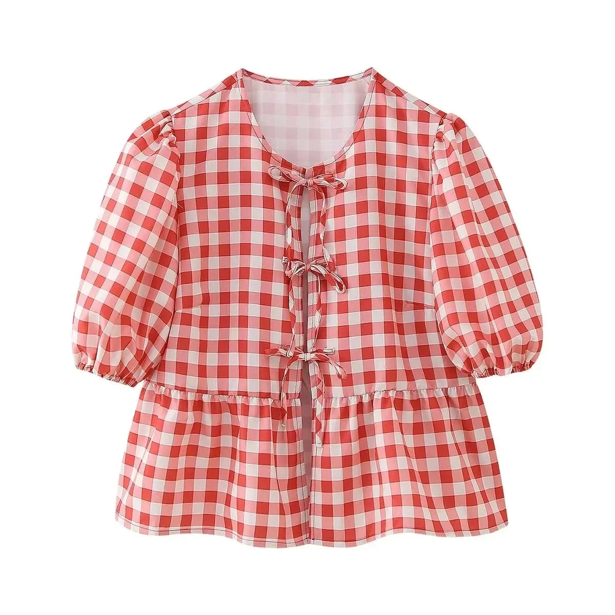 Summer Woman Bow Tied Lace Up Shirts Puff Short Sleeves Blouse Oneck Ruffle Color Tops