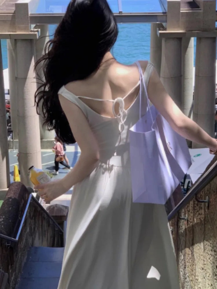 White Long Dresses Fairycore Slash Neck Inclined Shoulder Vestidos Summer Laceup Ruched Trumpet Dress
