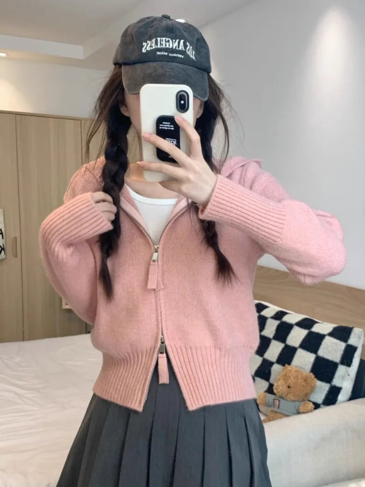 Double Zipper Cropped Knitwear Basic Zip Up Hooded Knitted Cardigan Slim Long Sleeve Sweaters for Winter Clothes