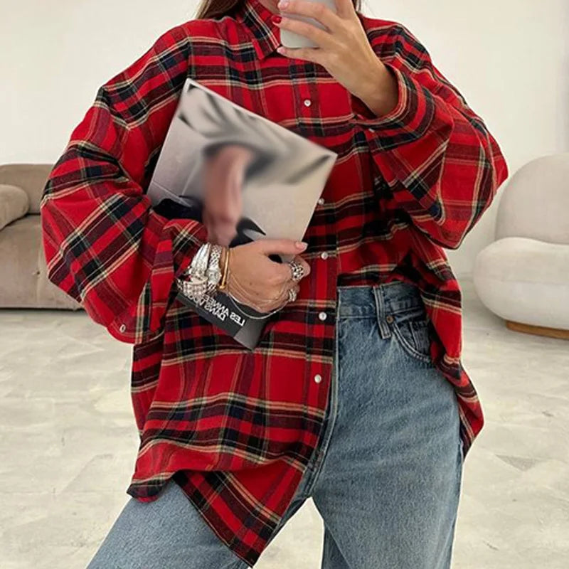 Single Breasted Lapel Shirts Spring Plaid Print Loose Office Blouses New Autumn Long Sleeve Long Top Jacket