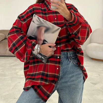 Single Breasted Lapel Shirts Spring Plaid Print Loose Office Blouses New Autumn Long Sleeve Long Top Jacket