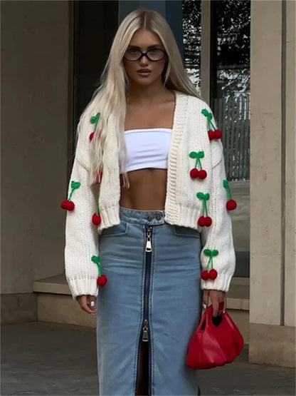 Female Knit Cardigan Sweater Patchwork Loose V-neck High Waist Y2k Outwear Female Knitwear Cardigan Jumpers