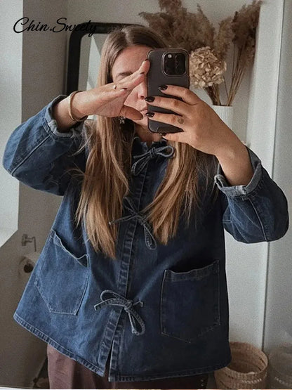 Street Lace Up Denim Shirt for Lapel Long Sleeve Loose Thick Blouses Spring Lady Loose Top Outwear New