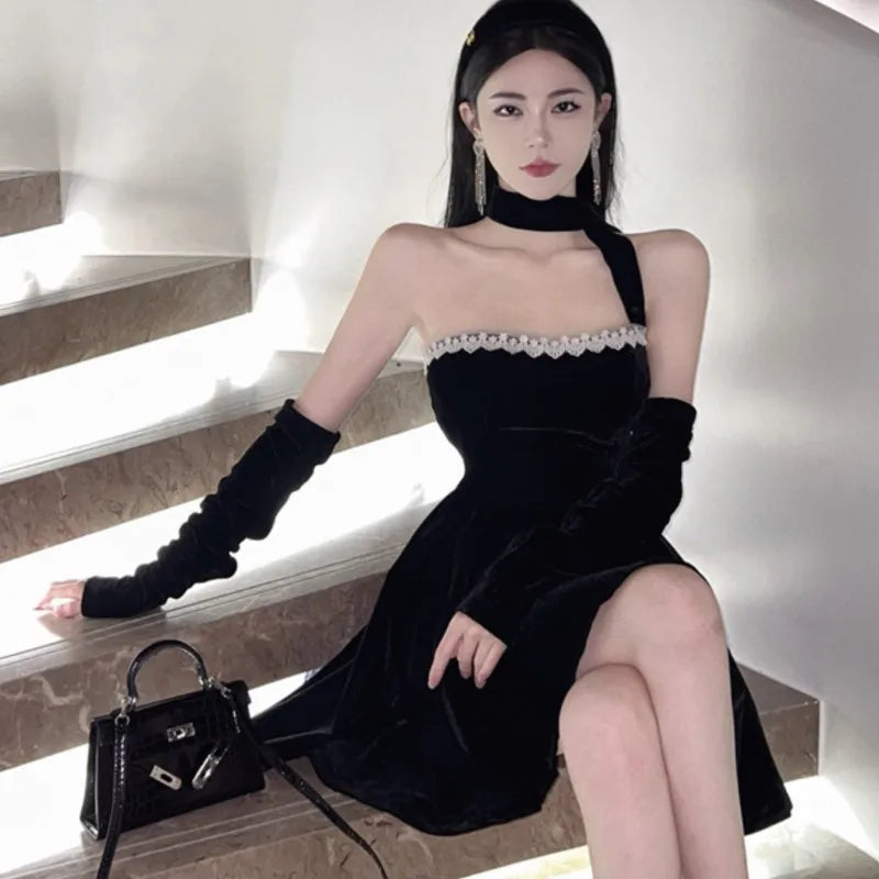French Strapless Mini Dresses Lace Patchwork A-line Evening Party Dress Korean Y2k Mini Vestidos Mujer