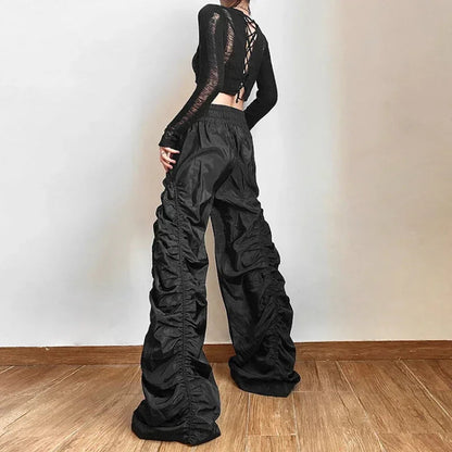 High Waist Drawstring Black Pants Spring New Pleated Loose All Match Wide Leg Pants