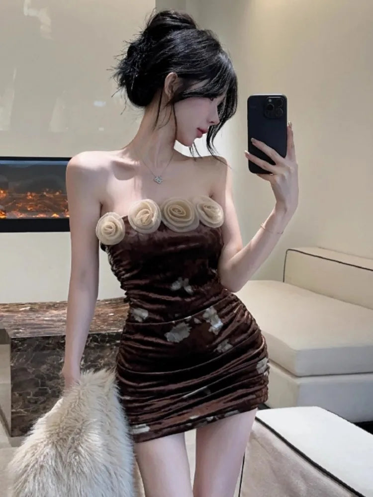 Mini Dresses Flowers Strapless Flowers Slash Neck Off Shoulder Slim Backless Party Dress Club Female