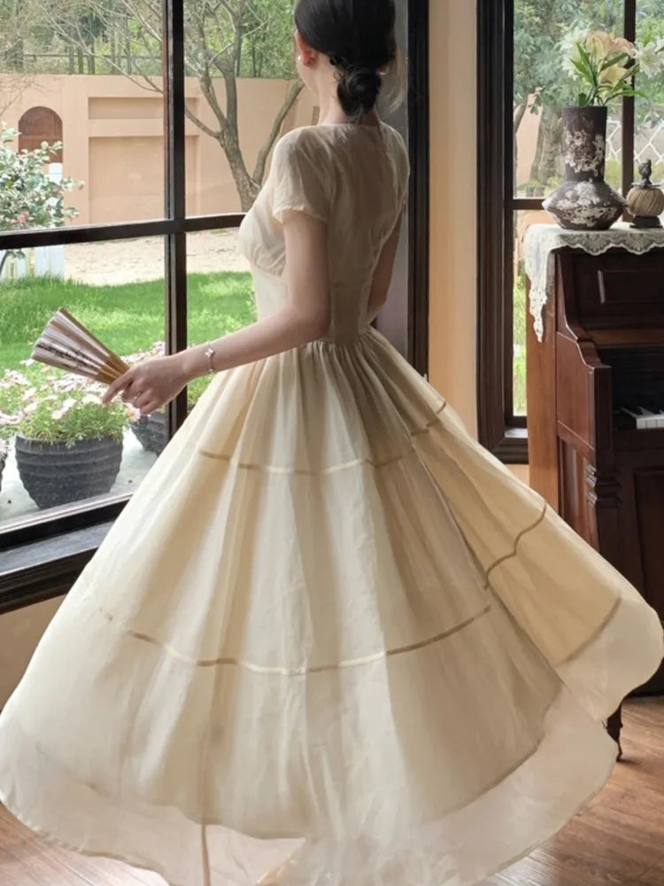 Long Dresses for V-neck A-line Birthday Party Dress French High Waist Summer New Prom Retro Vestidos Mujer