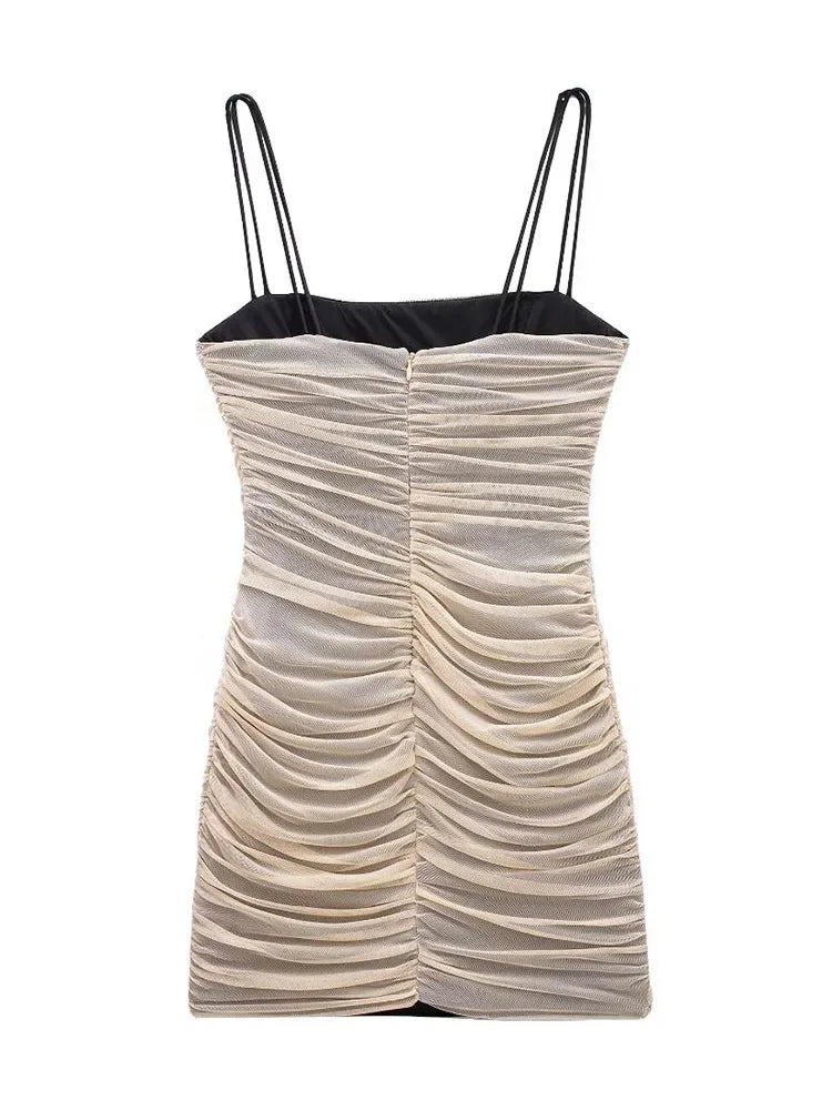 Summer Female Slip Mini Dress Mesh Ruched Sleeveless Dresses Female Backless Slim Dress