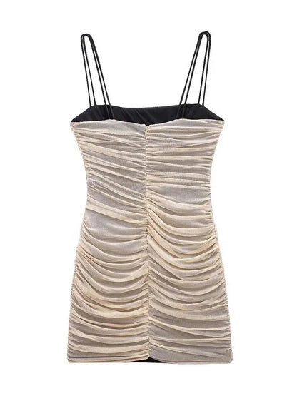 Summer Female Slip Mini Dress Mesh Ruched Sleeveless Dresses Female Backless Slim Dress
