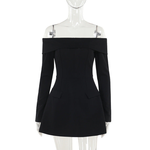 Off-shoulder Long Sleeve Mini Dress for Two Pocket Strapless Backless A-line Club Party Dress