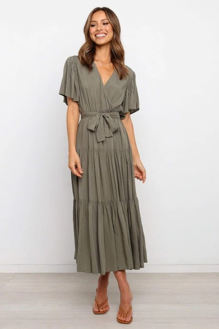 Color Ruffles Long Dresses V-neck Ruffle Sleeves Leace-up Temperament Lady Dress Summer New